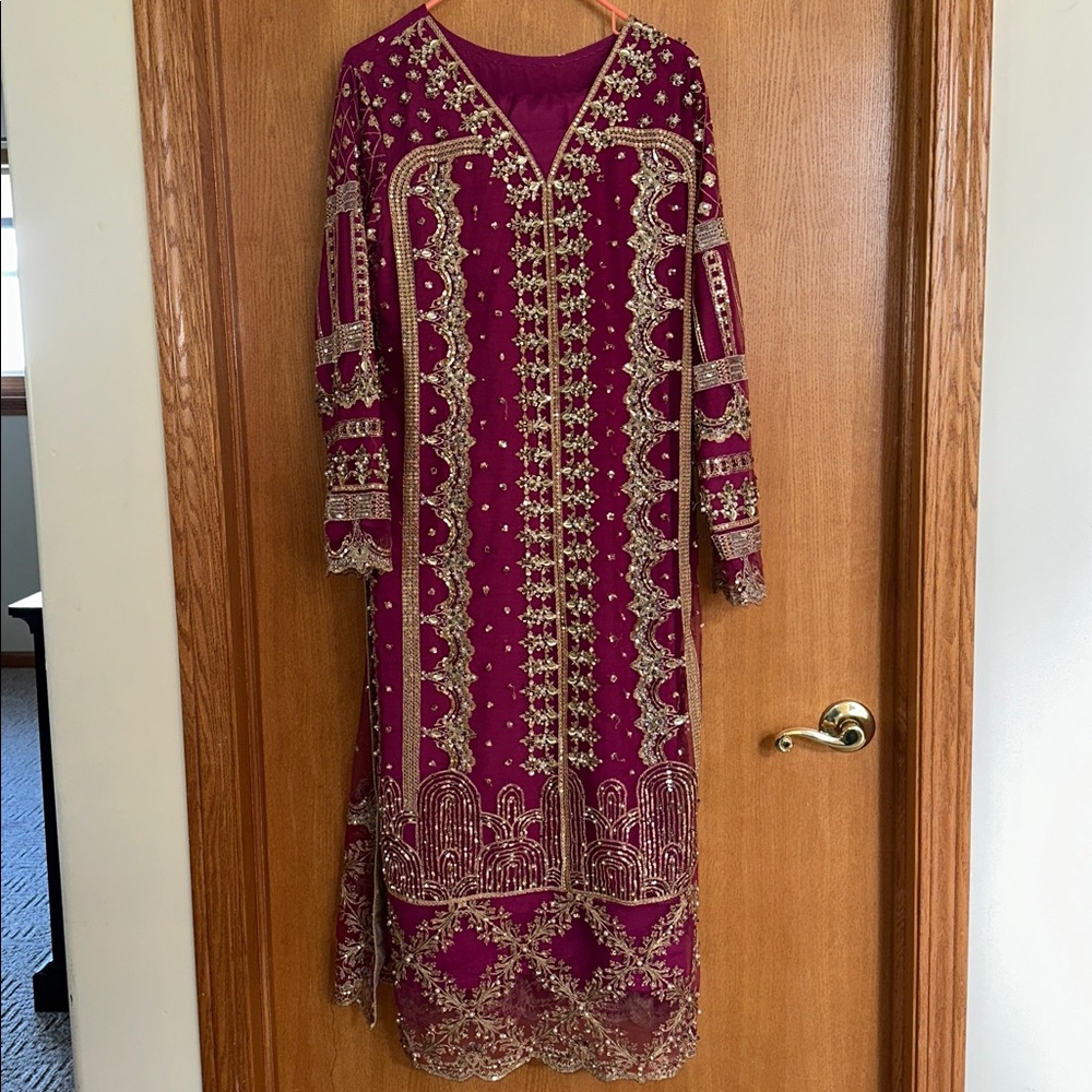 Pakistani magenta and gold shalwar kameez